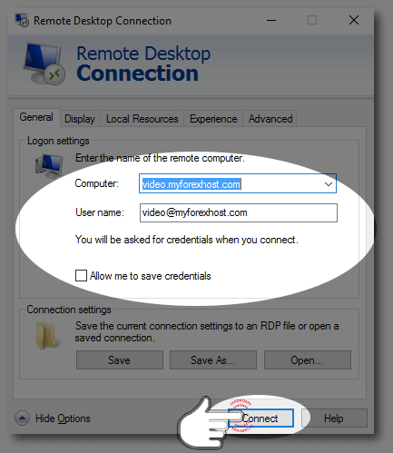 Windows 10 Remote desktop client main window with filled access credentials
