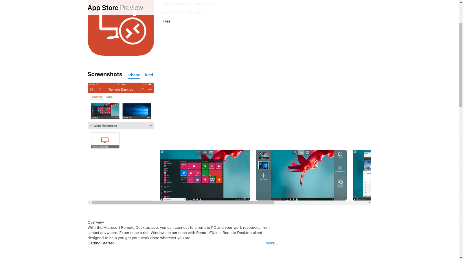 screenshot from Apple App Store showing Microsoft Remote Desktop application
