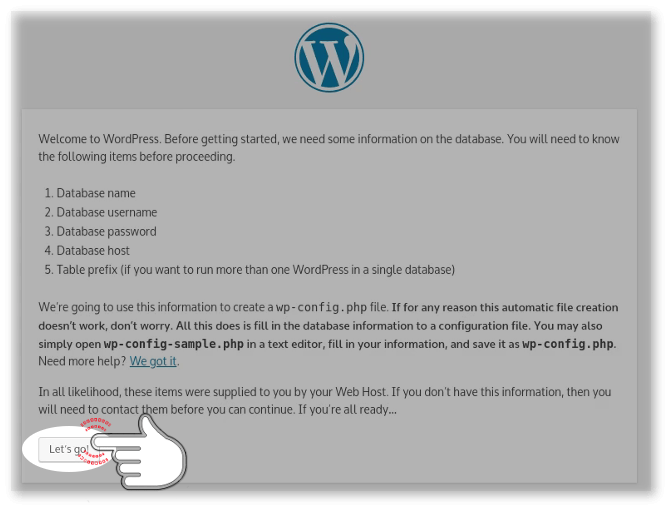 Let's go button of WordPress Installation Wizard