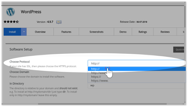 Step-5 WordPress installation via Softaculous Choose Protocol