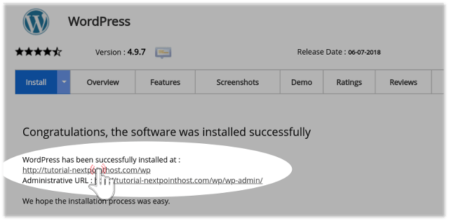 Link for access new installed WordPress via Softaculous