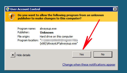 User Account Control (UAC) warning message