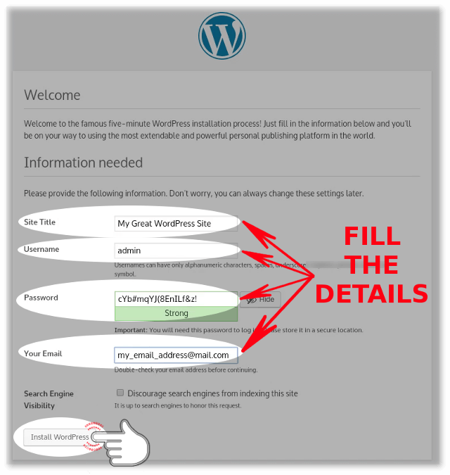 Filling the WordPress site name, admin credentials and etc during the installation