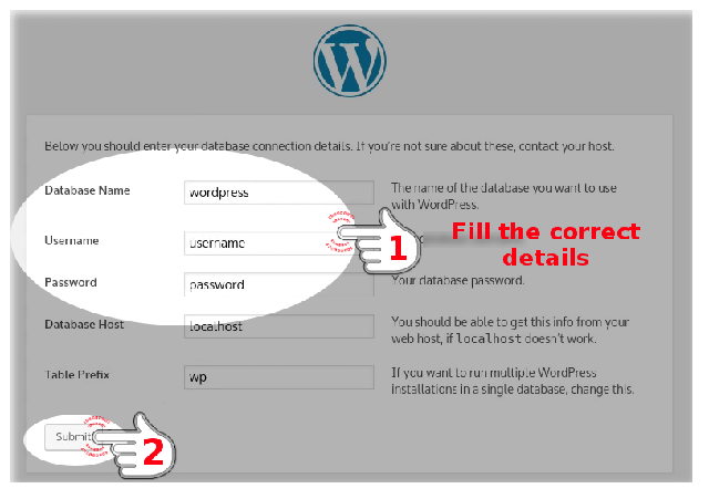 Fill the Database credentials for WordPress Installation wizard