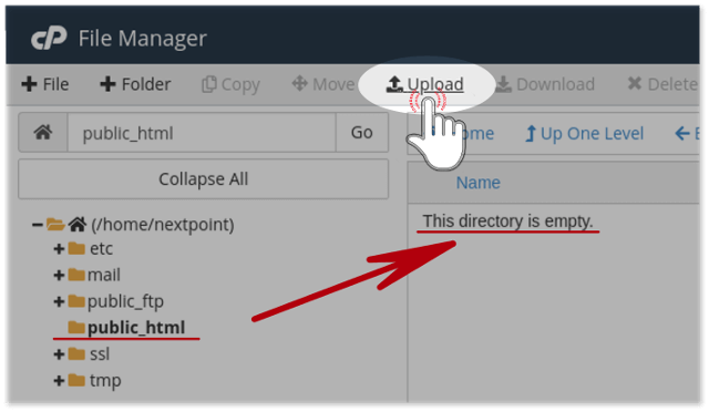 cPanel File Manager Upload button