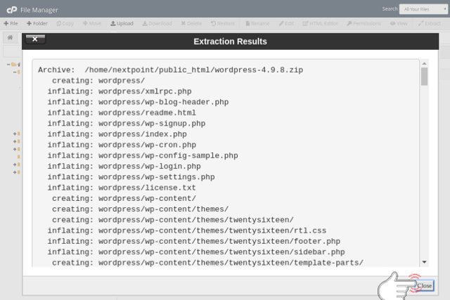 close extraction window cPanel file manager